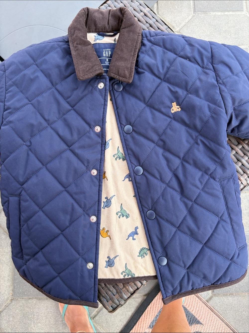 GAP Navy Quilted Puffer Jacket with Brown Corduroy Collar